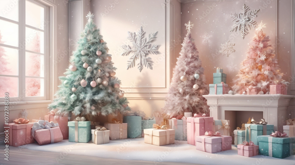A luxurious tree adorned with golden ornaments and delicate white lights, framed by a snowy window view. A luxurious tree adorned with golden ornaments and delicate white lights, framed by a snowy window view.