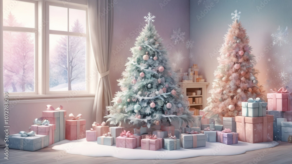 Fototapeta premium A beautifully decorated Christmas tree surrounded by soft glowing lights, nestled in a warm living room setting.