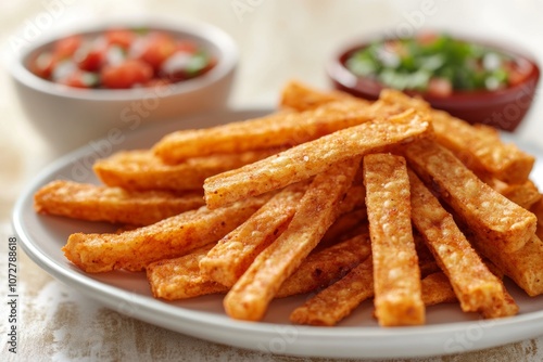 Crunchy tortilla strips served with vibrant salsa and Mexican treats on a colorful background