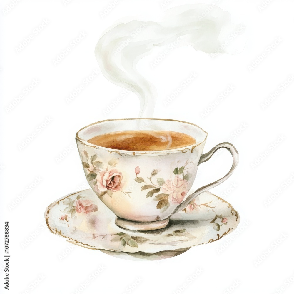 Elegant tea cup with steam and floral design. Elegant tea cup with steam and floral design.