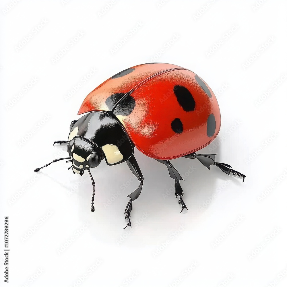 Close-up of a vibrant ladybug resting on white. Close-up of a vibrant ladybug resting on white.