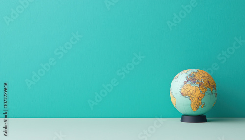 A colorful globe rests on a smooth surface against a vibrant teal wall, symbolizing exploration and global awareness.