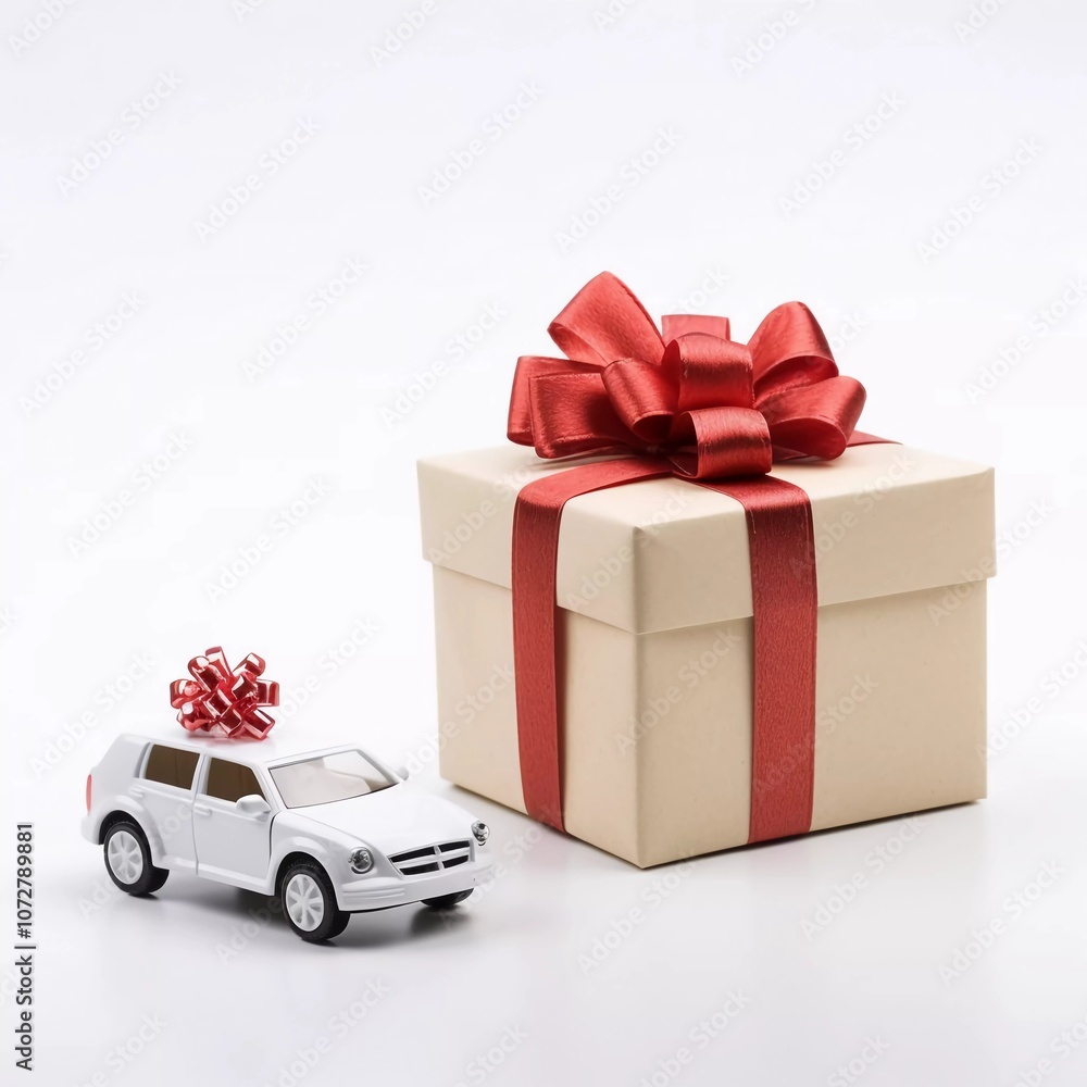 A small gift box with a red ribbon next to a toy car, symbolizing a present or celebration. A small gift box with a red ribbon next to a toy car, symbolizing a present or celebration.