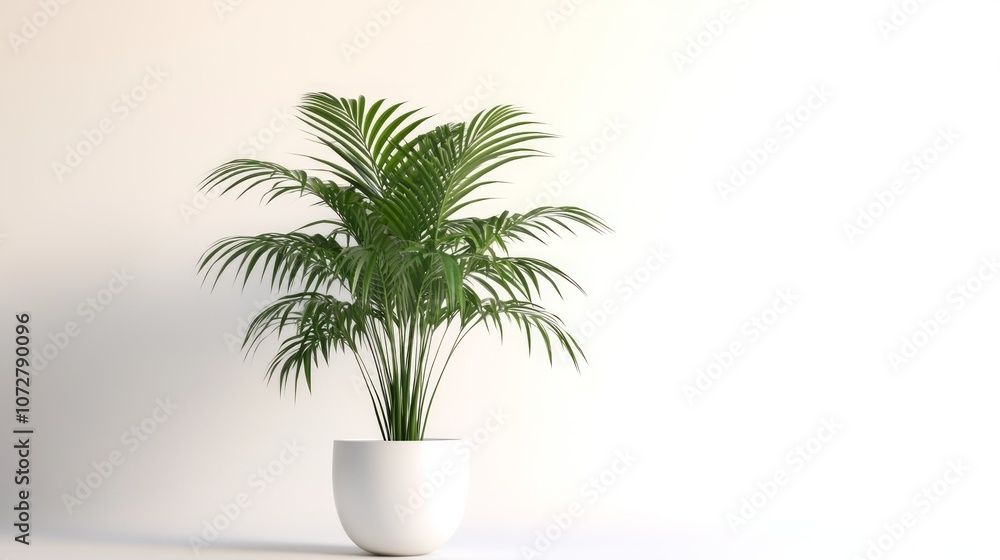 A potted palm tree with lush green leaves in a white pot against a white background. A potted palm tree with lush green leaves in a white pot against a white background.