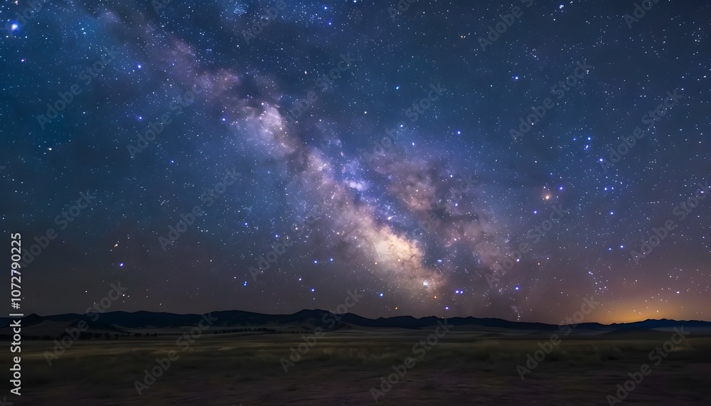 A stunning view of the Milky Way galaxy in a night sky over a serene landscape. A stunning view of the Milky Way galaxy in a night sky over a serene landscape.
