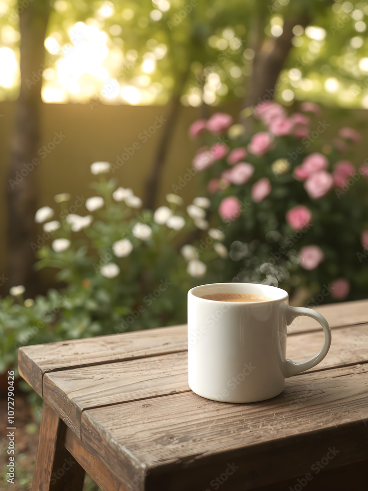 Serene Coffee Moment with Steaming Mug on Rustic Wooden Table, Surrounded by Greenery and Soft Golden Light Serene Coffee Moment with Steaming Mug on Rustic Wooden Table, Surrounded by Greenery and Soft Golden Light
