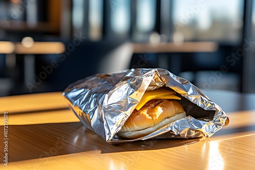 Burger in Foil on a Table