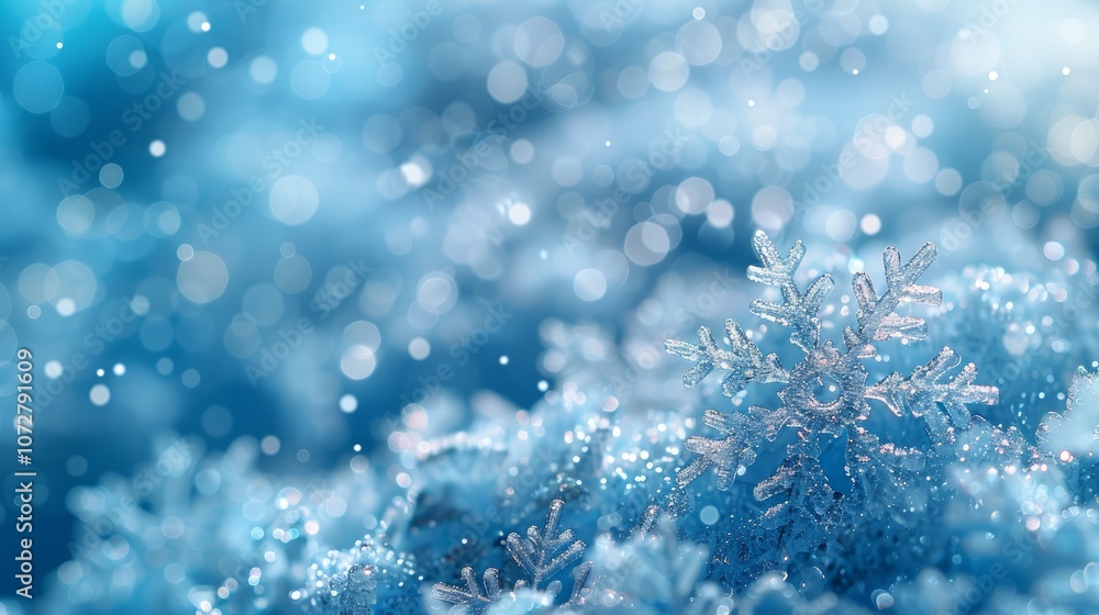 A single snowflake stands out against a backdrop of snow and twinkling blue lights. A single snowflake stands out against a backdrop of snow and twinkling blue lights.