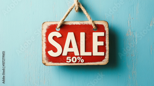 A red sign hanging on a blue wall announces a 50% sale, inviting attention and conveying a sense of urgency and opportunity for shoppers. photo