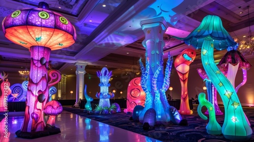 A fantasythemed event featuring themed 3D inflatable sculptures adding a whimsical touch to the overall ambiance.