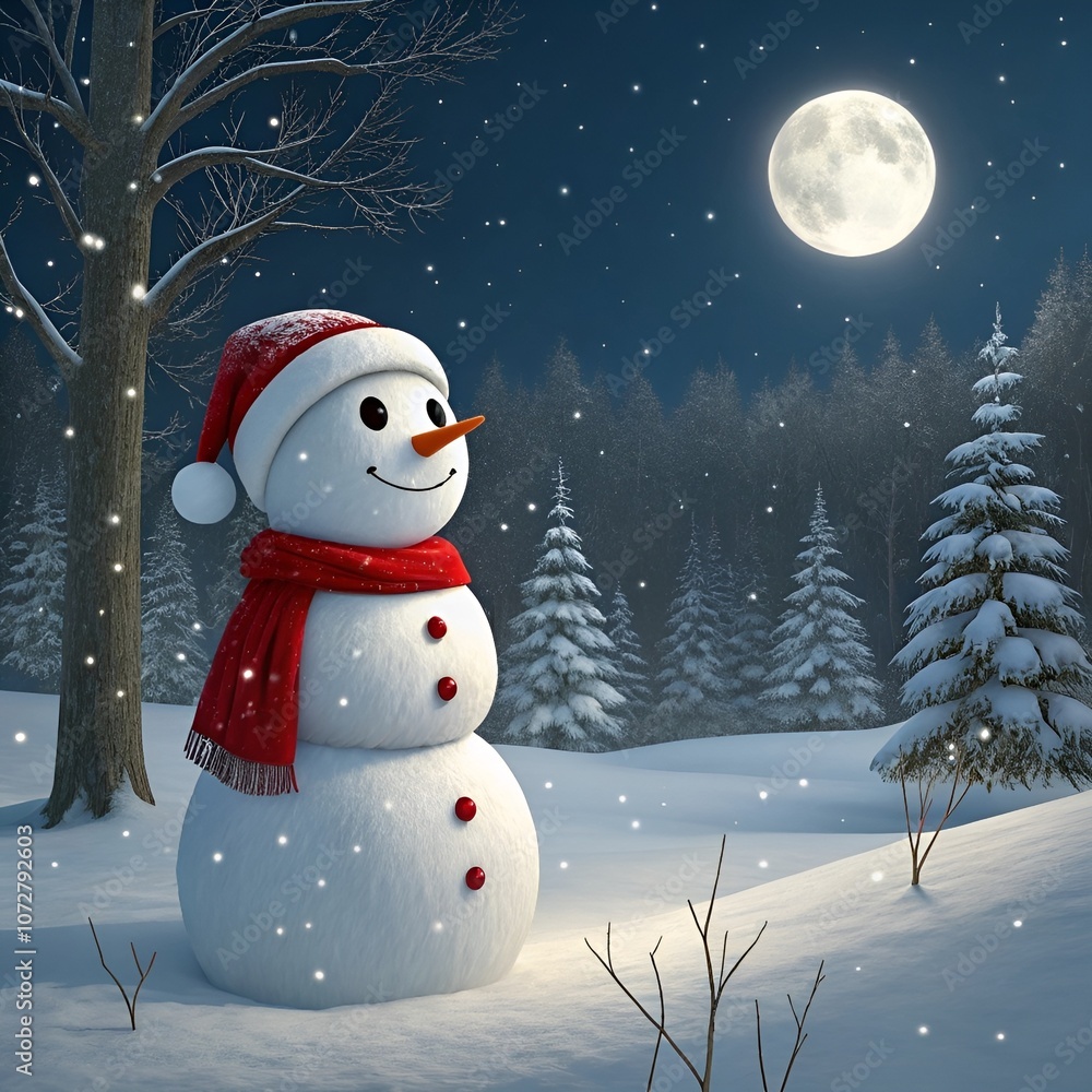 Obraz premium Snowman in a Moonlit Winter Wonderland