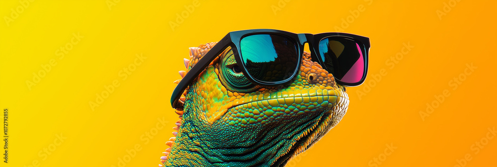 Charming close-up of a chameleon wearing stylish sunglasses on a vibrant solid background. Faceted vector art style with minimalistic, abstract, and creative details. Capturing personality, humor, Charming close-up of a chameleon wearing stylish sunglasses on a vibrant solid background. Faceted vector art style with minimalistic, abstract, and creative details. Capturing personality, humor,