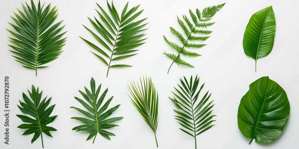Various Tropical leaves with palm leaf isolated on white background Various Tropical leaves with palm leaf isolated on white background