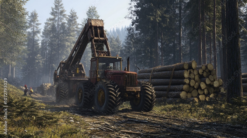 Heavy machinery transports logs through dense forests Heavy machinery transports logs through dense forests