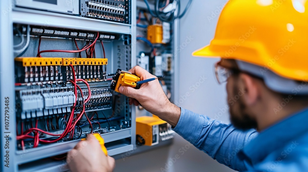 A technician inspecting a home’s electrical panel, ensuring circuit breakers are functioning properly, promoting safe electricity management in residential settings A technician inspecting a home’s electrical panel, ensuring circuit breakers are functioning properly, promoting safe electricity management in residential settings