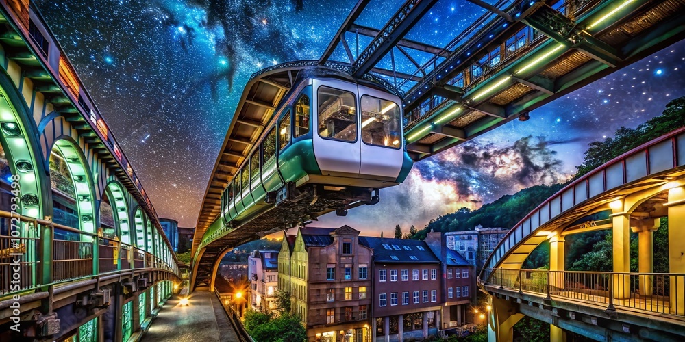 Obraz premium Night Cityscape of Wuppertal, North Rhine-Westphalia Featuring the Historic Schwebebahn Electric Elevated Suspension Railway with Monorail Hanging Cars Illuminated Against the Dark Sky