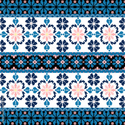Art Abstract with Floral Pixel Designs. Traditional Cross Stitch needlework. Geometric Ethnic Pattern, Embroidery, Textile Ornamental, Fabric, Hand Stitch Pattern, Cultural Stitching Pixel Art