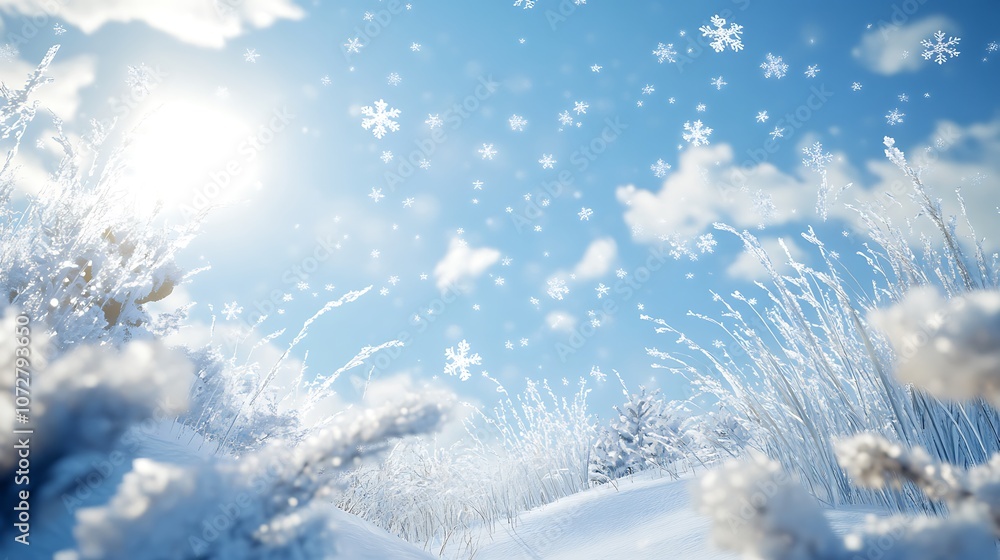 Fototapeta premium Snowy Grass and Trees Against a Bright Blue Sky with Falling Snowflakes