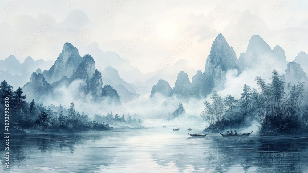 Fototapeta premium Traditional Chinese landscape painting, ink painting, and natural scenery
