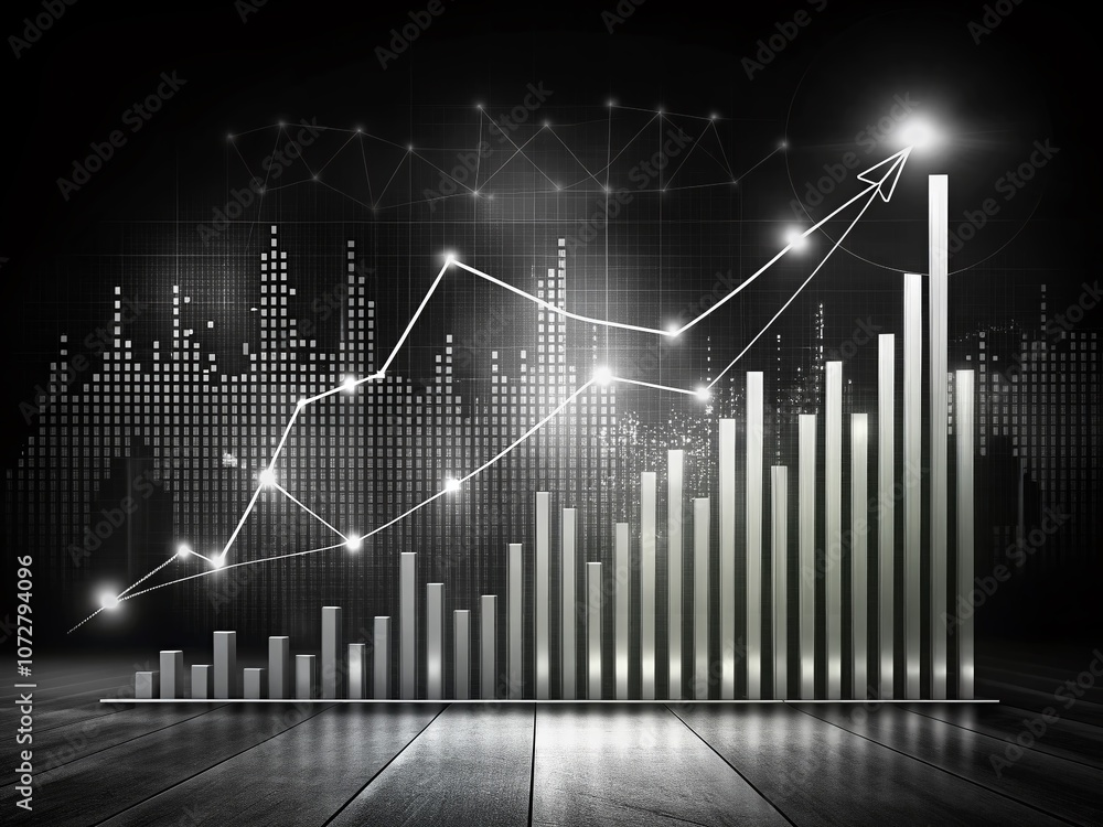 Night Photography of a Growth Chart with Bars and Line Graph in Black ...