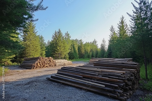 Lumber stacks in a forested landscape under clear blue sky photo