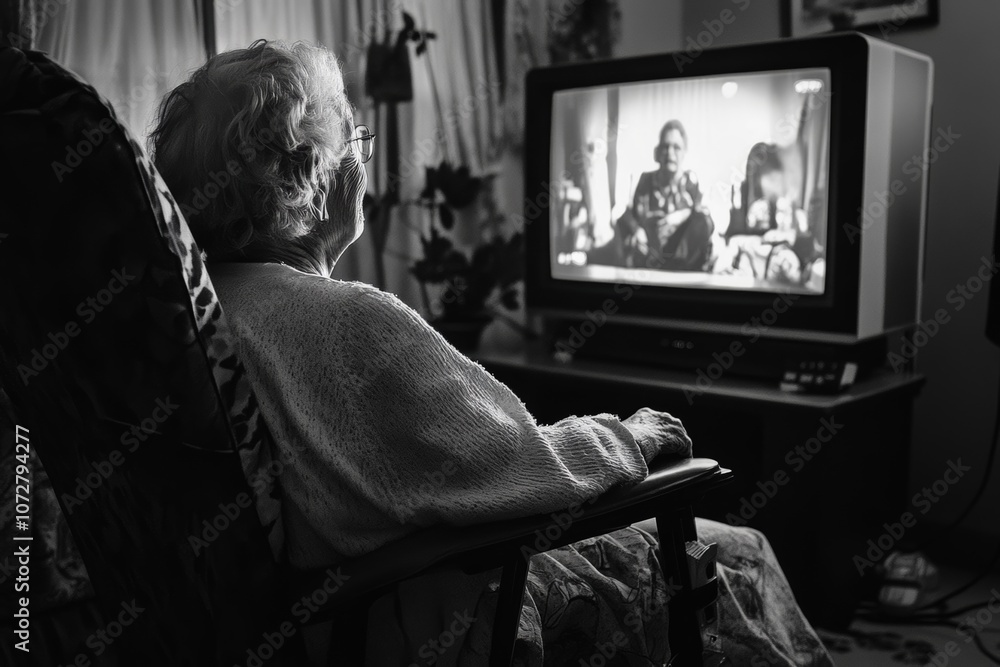 Grandmother with a disability enjoying a movie at home in a cozy setting during the evening Grandmother with a disability enjoying a movie at home in a cozy setting during the evening