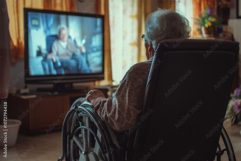 Handicapped grandmother enjoying a movie while seated in her wheelchair at home during the evening hours Handicapped grandmother enjoying a movie while seated in her wheelchair at home during the evening hours