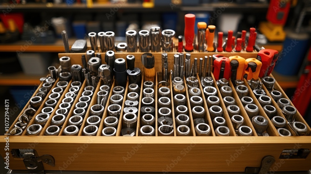 Organized toolset featuring various sockets and screwdrivers. Organized toolset featuring various sockets and screwdrivers.