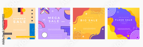 Colorful Abstract Sale Banners for Summer Mega Discounts. Bright and modern sale banners featuring colorful abstract designs. Ideal for summer, mega, big, and flash sales promotions