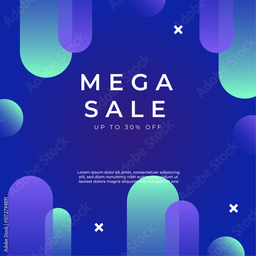 Vibrant Mega Sale Promotion With 30 Percent Discount. Perfect for advertising campaigns, online promotions, and attracting customers with its colorful geometric background.