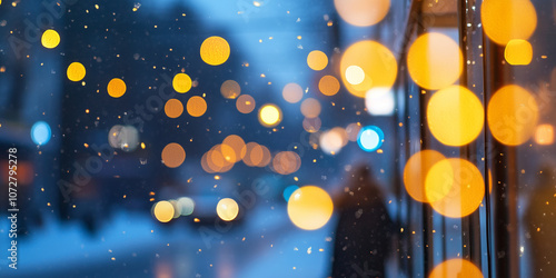 Soft glow of illumination against a blurred snowy background, capturing a serene winter atmosphere with gentle lighting and scattered snowflakes. Tranquil winter scenery with blurred snow and soft 