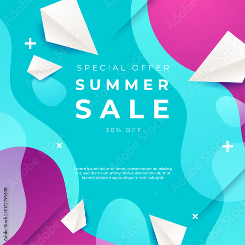 Vibrant Mega Sale Promotion With 30 Percent Discount. Perfect for advertising campaigns, online promotions, and attracting customers with its colorful geometric background.