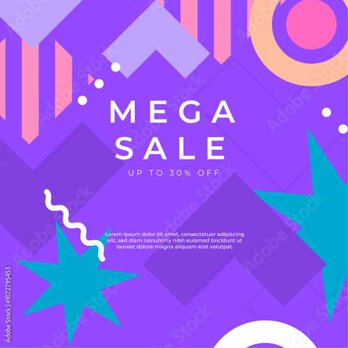 Vibrant Mega Sale Promotion With 30 Percent Discount. Perfect for advertising campaigns, online promotions, and attracting customers with its colorful geometric background.