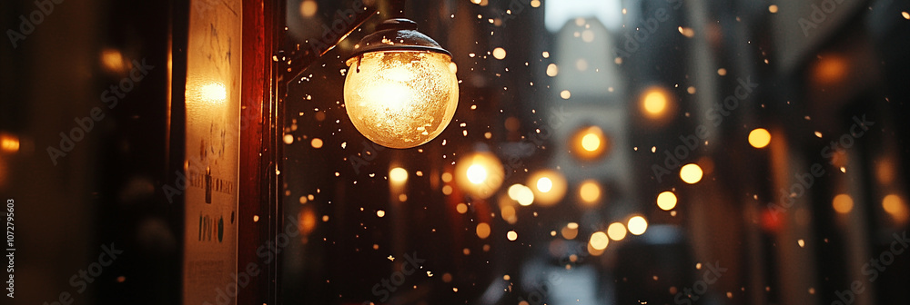 Obraz premium Soft glow of illumination against a blurred snowy background, capturing a serene winter atmosphere with gentle lighting and scattered snowflakes. Tranquil winter scenery with blurred snow and soft 