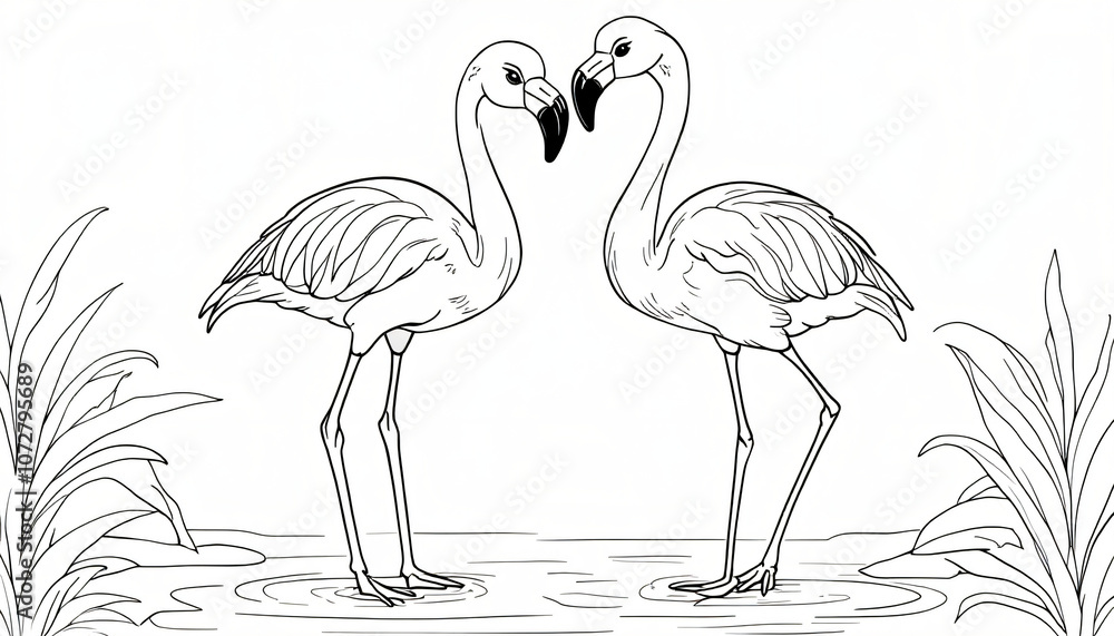 Obraz premium black and white drawing of flamingos standing in the water of a lake