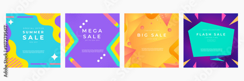 Colorful Abstract Sale Banners for Summer Mega Discounts. Bright and modern sale banners featuring colorful abstract designs. Ideal for summer, mega, big, and flash sales promotions