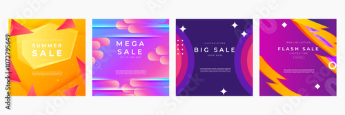 Colorful Abstract Sale Banners for Summer Mega Discounts. Bright and modern sale banners featuring colorful abstract designs. Ideal for summer, mega, big, and flash sales promotions
