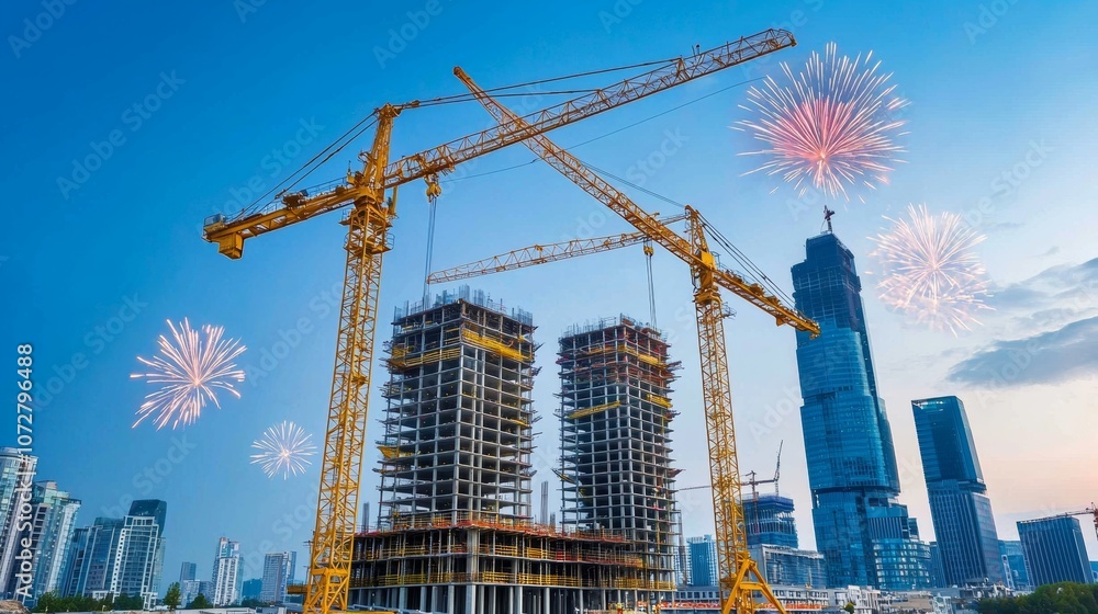 Fototapeta premium Vibrant High-Rise Construction with Fireworks Display