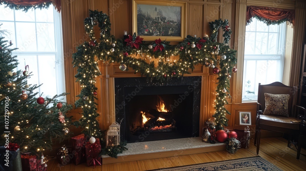 A cozy fireplace adorned with garlands, twinkling lights, and festive ornaments, creating a warm holiday atmosphere. A cozy fireplace adorned with garlands, twinkling lights, and festive ornaments, creating a warm holiday atmosphere.
