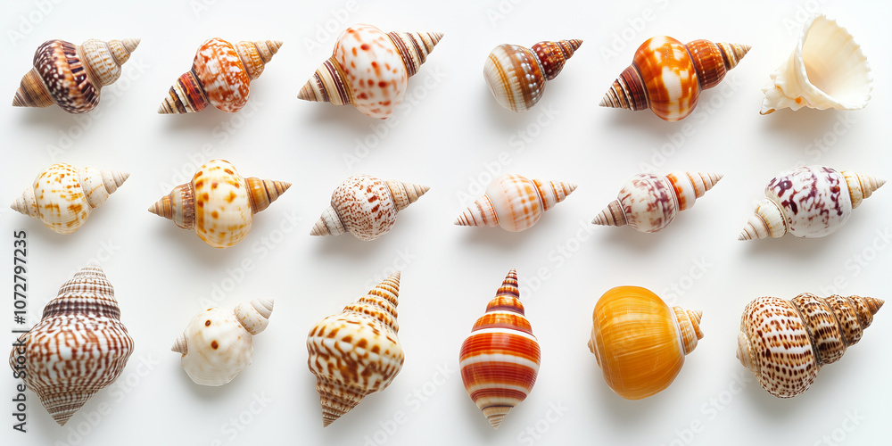 Variety of tropical beach seashells set isolated on white background Variety of tropical beach seashells set isolated on white background