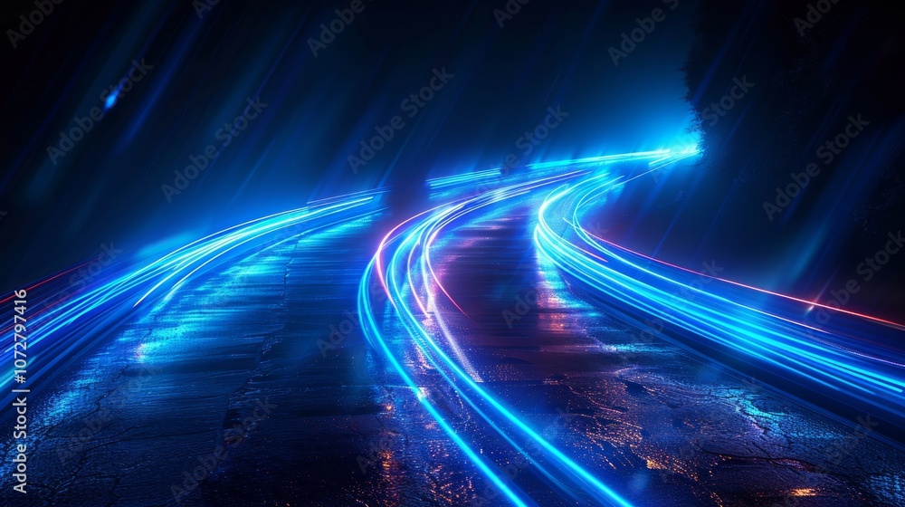 Abstract blue and red light trails on a dark road, creating a futuristic and dynamic effect. Abstract blue and red light trails on a dark road, creating a futuristic and dynamic effect.