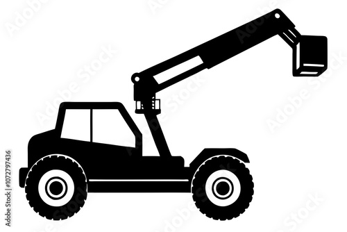 silhouette of a boom lift with large wheels.