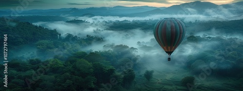 Breathtaking view: beautiful hot air balloon soaring above stunning marvellous landscape, capturing essence of adventure, serenity with vibrant colors and picturesque scenery in awe-inspiring sight. photo