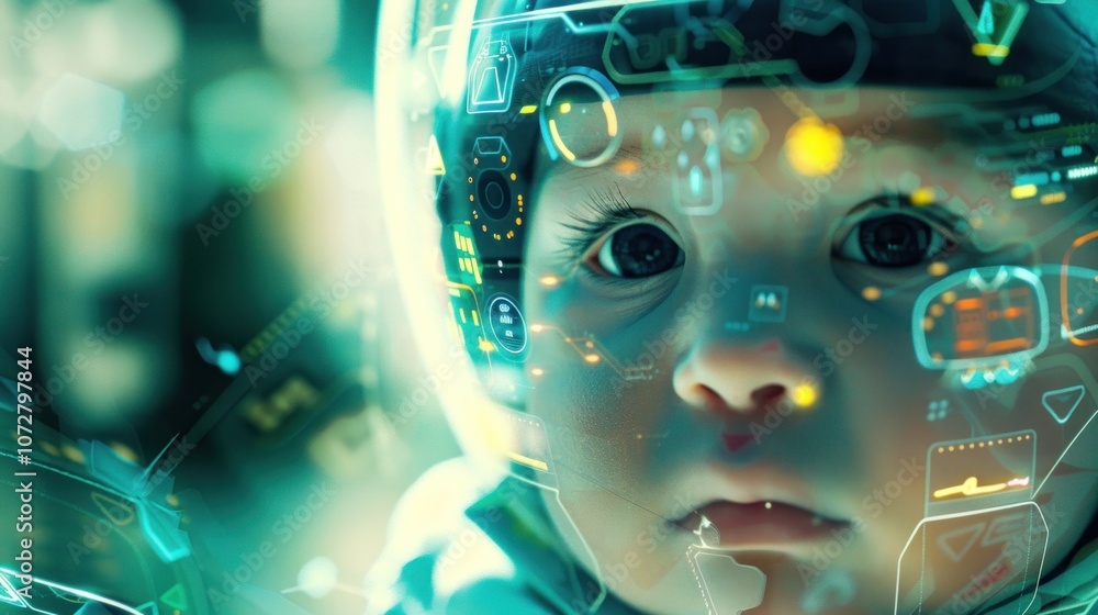 A futuristic baby portrait with a layer of technological data surrounding it. A futuristic baby portrait with a layer of technological data surrounding it.
