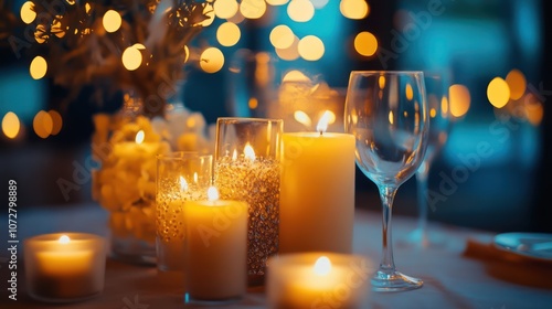 candles next to glass glasses to add a warm and romantic atmosphere photo