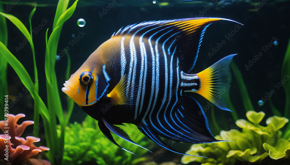 Fototapeta premium A striking Angelfish (pterophyllum) in clear water. Suitable for marketing or business purposes. Panoramic banner with place for text