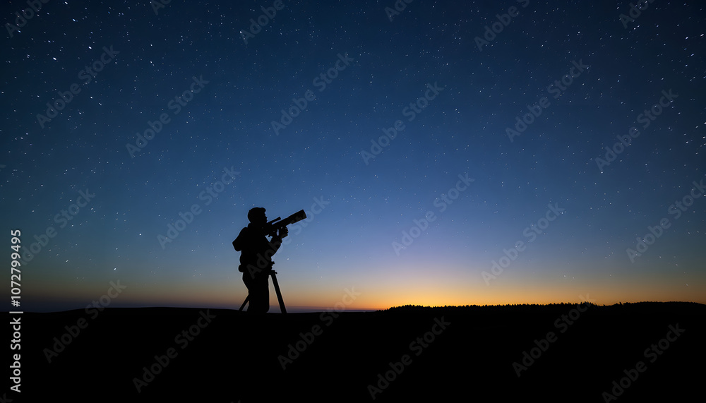 Silhouette of a man, telescope and countryside under the starry skies isolated with white highlights, png Silhouette of a man, telescope and countryside under the starry skies isolated with white highlights, png