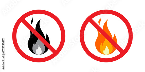 Fire prohibition sign icon in flat design. Stop flame sign symbol