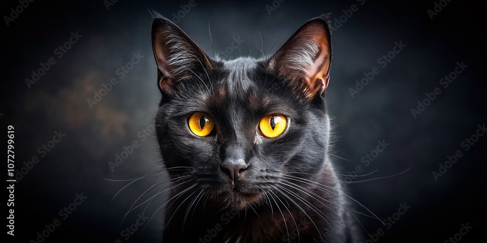 Panoramic Banner Featuring a Close-Up of a Sleek Black Cat with Mesmerizing Yellow Eyes, Perfect for Halloween Designs and Animal Lovers Panoramic Banner Featuring a Close-Up of a Sleek Black Cat with Mesmerizing Yellow Eyes, Perfect for Halloween Designs and Animal Lovers