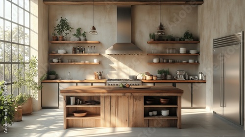 Wallpaper Mural Bright Rustic Kitchen with Wooden Island and Stainless Features Torontodigital.ca